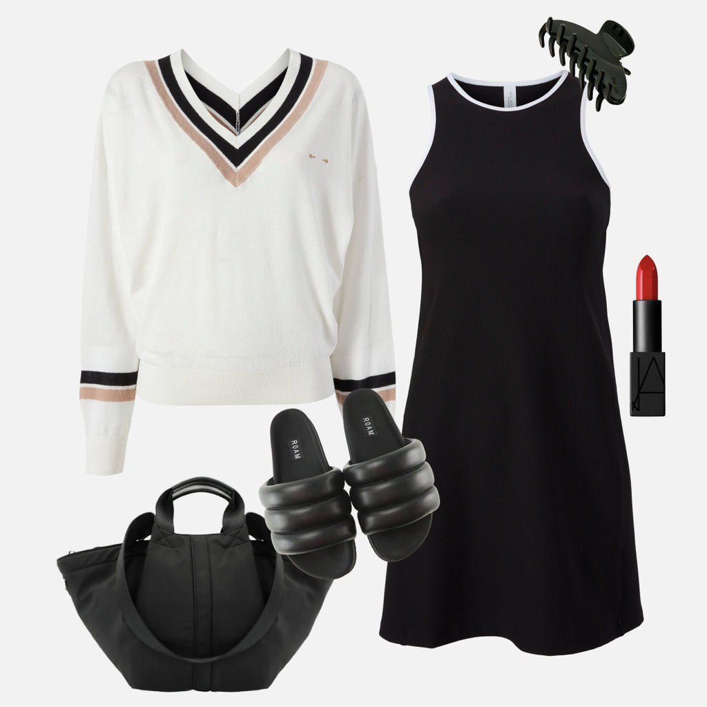 Black Sport Rib Dress styled with a white v neck sweater from The Upside, a black tote bag from Transcience and black sandals