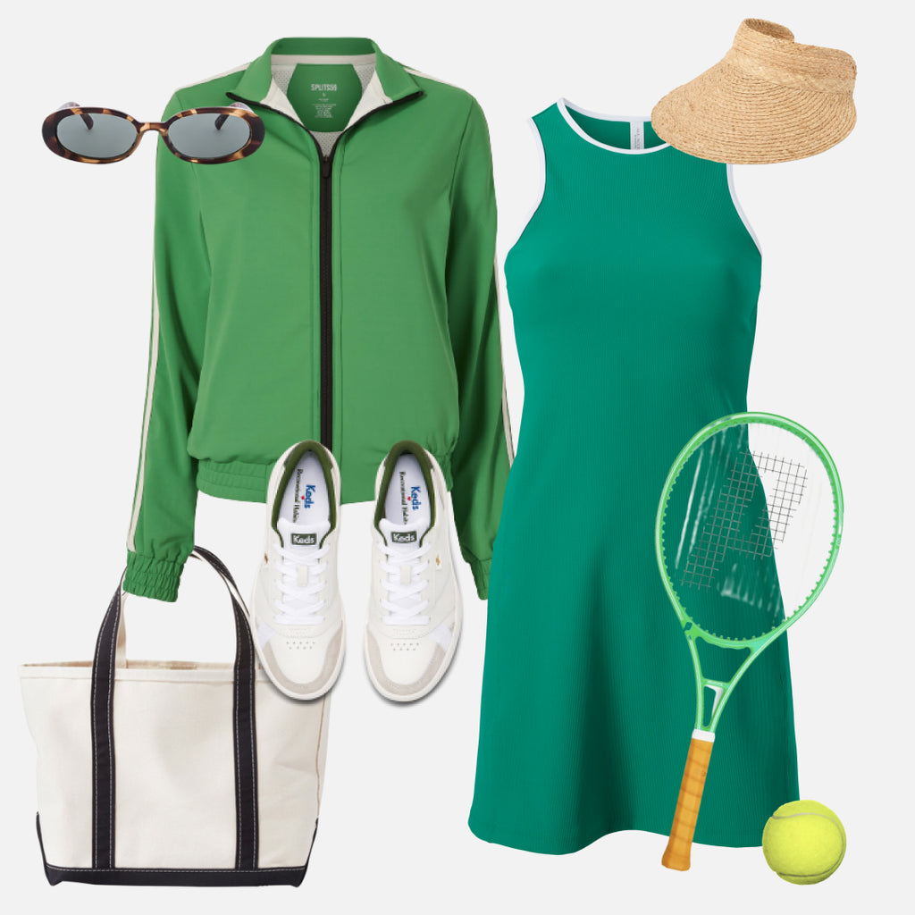 Green sport rib dress styled with a green track jacket from Splits59, a white sneaker from Recreational Habits x Keds, a tote bag, and a tennis racket.
