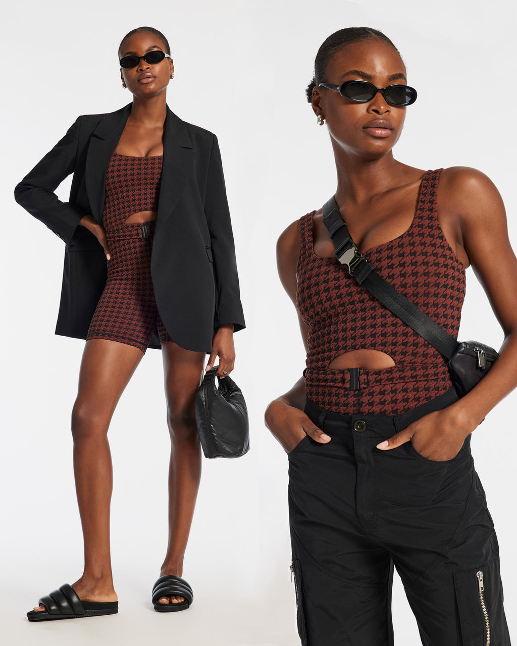 Model wearing the houndstooth one piece from The Upside styled with a blazer and pants from Birgitte Herskind